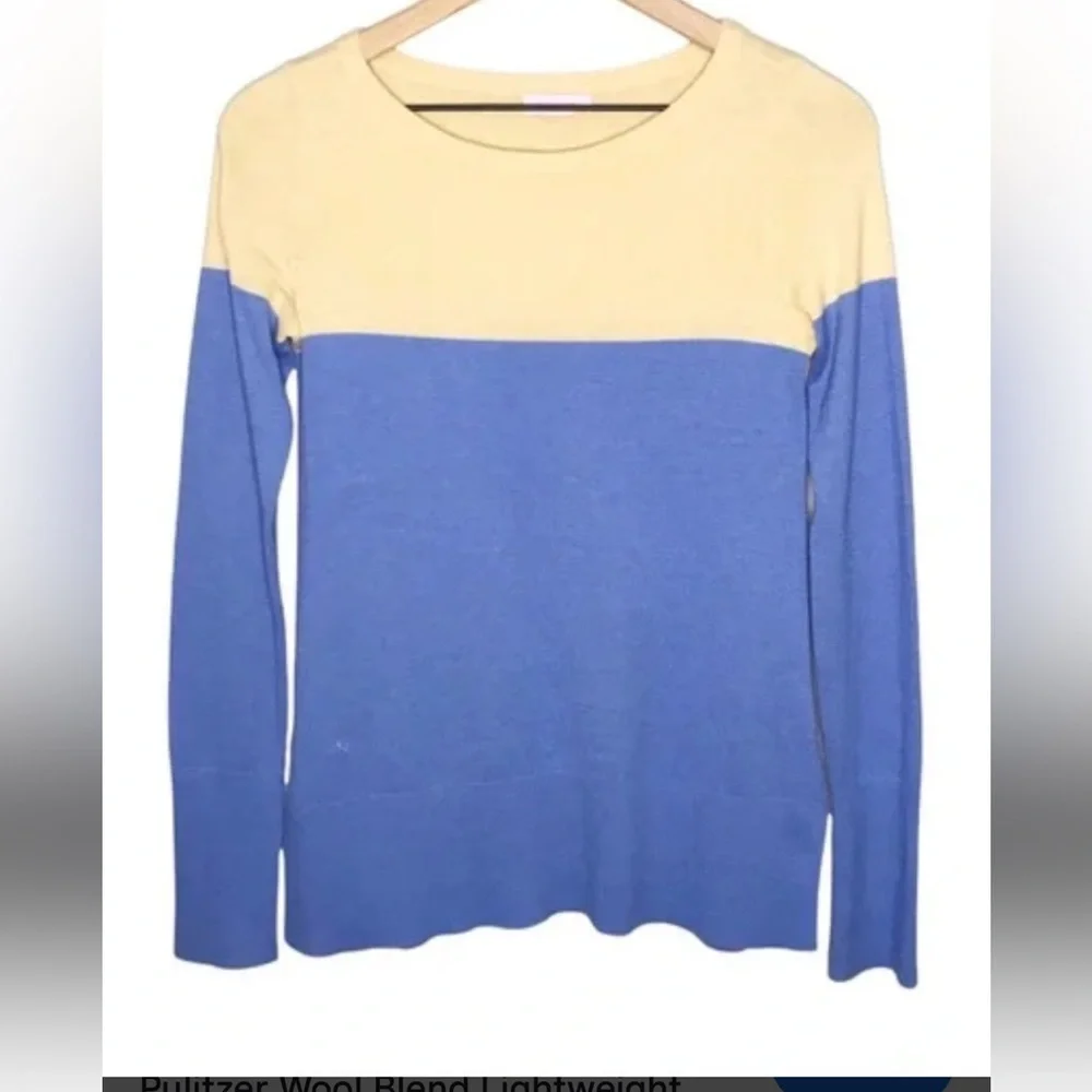 LILY PULITZER BLUE & BEIGE COLOR BLOCK WOOL BLEND LONG CREW NECK SWEATER